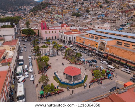 Panoramic aerial view of the Plaza de la Constitución surrounded by small house in the center of Pachuca, Hidalgo