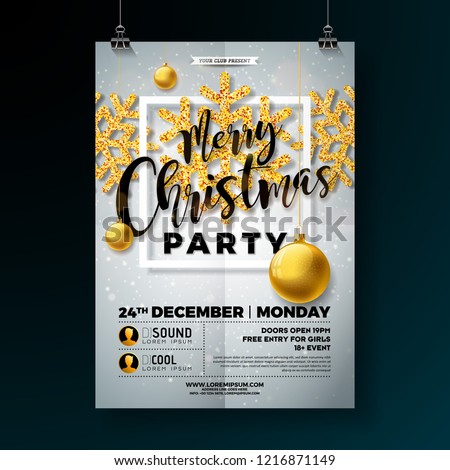 Christmas Party Flyer Illustration with Shiny Gold Glittered Snowflakes and Typography Lettering on White Background. Vector Holiday Celebration Poster Design Template for Invitation or Banner.