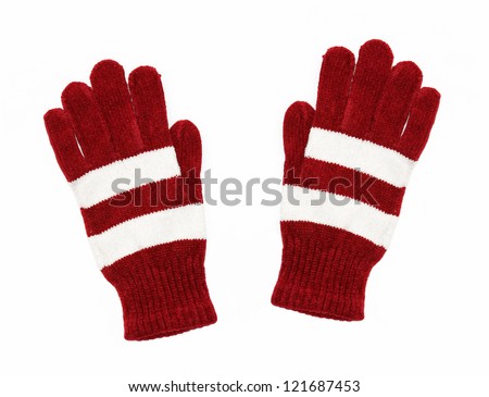 A pair of red gloves with white stripes isolated on white background