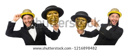 Man with theater mask isolated on white