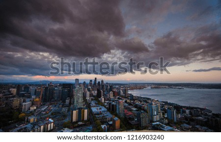 Seattle Skyline with colorful sky, captured from speed needle