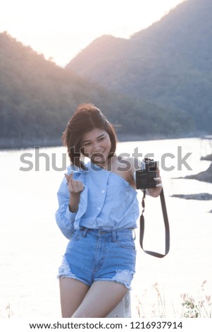 Happy asian women selfie outdoor,Life style concept