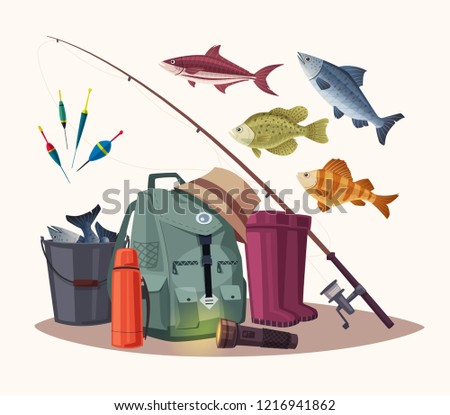Fishing equipment. Set of icons. Cartoon vector illustration. Sport tools. Fishing rod, backpack, bucket of fish and boots