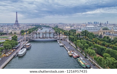 Aerial view of Paris with Eiffel tower and Seine river