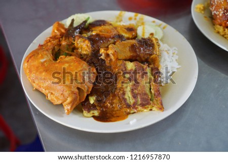 Close up or top view of famous Nasi Kandar in Penang, Malaysia. Rice with variaty dish on a plate. Royalty-Free Stock Photo #1216957870