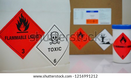 Variety type of chemical container with  many of chemical hazard warning symbols. Flammable warning symbol, Toxic warning symbol, Hazardous to the Environment symbol.