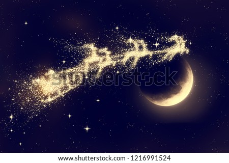 Santa flying on night sky over moon light. Marry Christmas and happy holiday. Elements of this image furnished by NASA