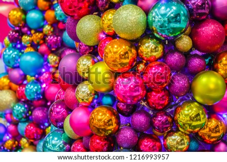 A big bunch of Christmas decoration balls, shiny and reflecting everything everywhere