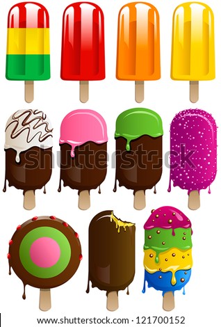 Vector set of 11 colorful fruit and chocolate ice lolly