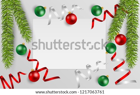 Blank white paper with space for text with christmas ball, fir branches and shiny ribbon on gray background. Vector illustration