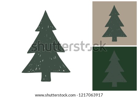 Dust green christmas tree. Hand drawn retro flat art. Design kit with 3 pair color combinations for Christmas and Happy New Year celebration. Clip-art icon for Xmas branding, t-shirt print, promo ads