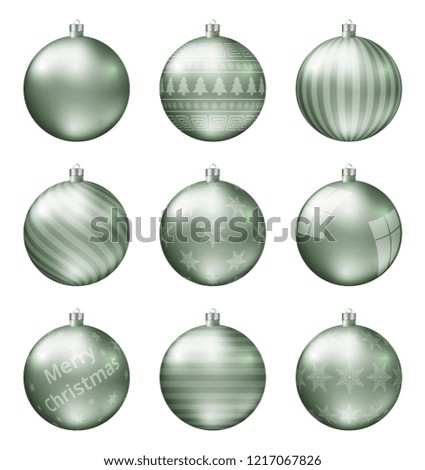 Pastel green christmas balls isolated on white background. Photorealistic high quality vector set of christmas baubles. Different pattern.