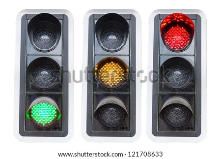 traffic lights showing red green and red isolated on white concepts for go and stop and structure chaos