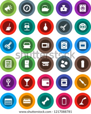 White Solid Icon Set- scoop vector, sponge, washer, cleaning agent, garbage pile, kettle, oil, microwave oven, compass, scissors, abacus, wallet, calendar, bone, glass, battery, notebook network