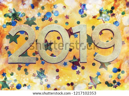 Year golden design 2019 on gold textured background with foil stars, confetti and bokeh