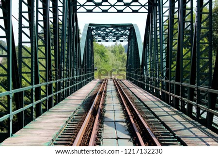 Green metal railway bridge construction with railway tracks connected with multiple rusted nuts and bolts and surrounded with wooden sidewalk running through middle going towards overgrown forest