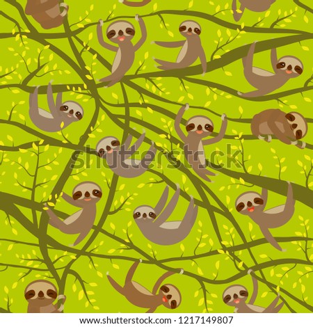 seamless pattern funny and cute smiling Three-toed sloth on green branch tree creeper, green trendy background. 