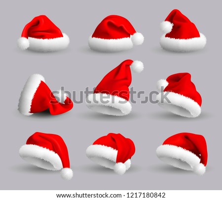 Collection of Red Santa Claus Hats isolated on gray background. Set. Vector Realistic Illustration. Royalty-Free Stock Photo #1217180842