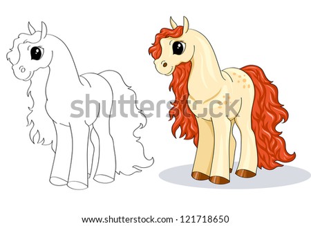  Vector pony. Little fantasy white horse with orange hair. line and color. Cute character. Child illustration Isolated. Print for t-shirts and bags