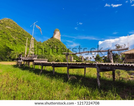 Khao Aoktalu or The Hole Moutain with wood bridge,  landmark in south of Thailand 