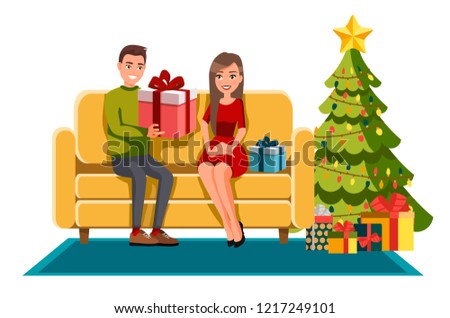 Flat vector illustration of smiling young man and woman with presents on sofa near Christmas tree. Couple in love. Vector interior, furniture. A man gives a gift to a woman. Happy husband and wife. 