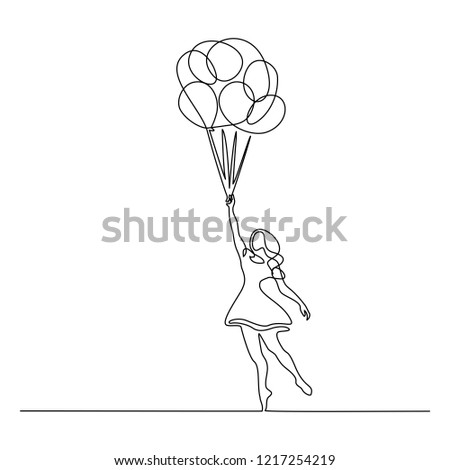 Continuous one line drawing. Girl flying in air with balloons. Vector illustration