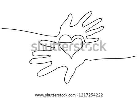 Continuous one line drawing. Abstract hands woman and man holding heart. Vector illustration