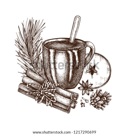 Hot chocolate in a cup. Cinnamon, anise stars, conifers and sweets drawings. Vector beverages and food collection. Hot drinks menu template for confectionery or coffee shop.