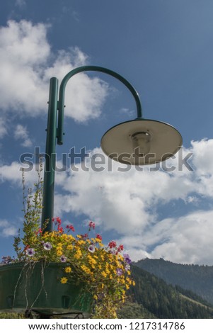 a street lamp with flowers