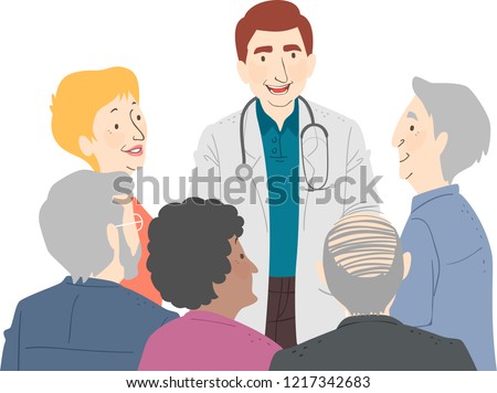 Illustration of a Group of Senior Man and Woman Talking to a Doctor in White Gown with Stethoscope