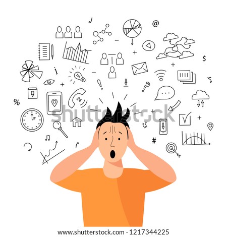 Person gets too much information. Information and data overload concept. Mental health concept. Digital information overload. Flat and line design styles. Royalty-Free Stock Photo #1217344225