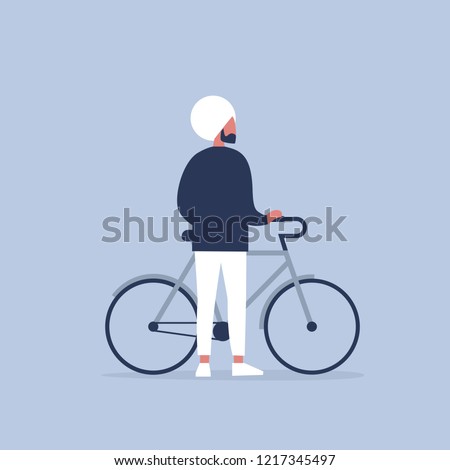 Young indian character standing with a bike. Urban transport. Healthy lifestyle. Flat editable vector illustration, clip art