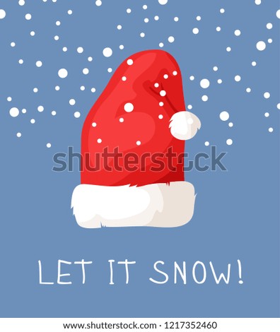 Hand drawn Christmas hat and snow on blue background. Cartoon drawing. Vector art illustration snowfall