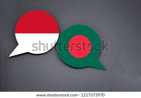 Indonesia and Bangladesh flags with two speech bubbles on dark gray background
