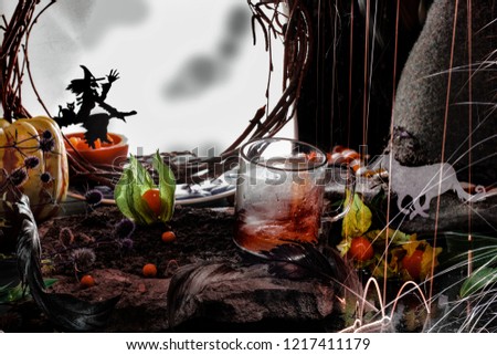 Halloween Background with tea cup on the front plan