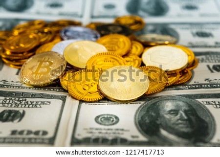 Golden Bitcoin and mound of money. Digital cryptocurrency concept