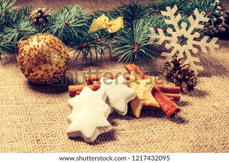Christmas gingerbread cookies on sackcloth with cinnamon and star anis