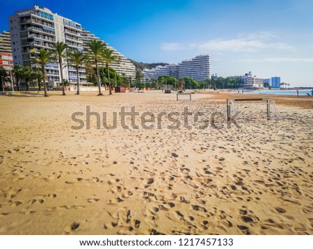 The photo of a goal to play soccer outdoors on the Raco beach while enjoying the beautiful Mediterranean Sea. The photo was taken in the seaside touristic town of Cullera, in Valencia, Spain, Europe.