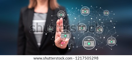Woman touching a photo sharing concept on a touch screen with her fingers