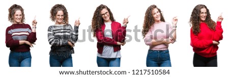 Collage of young brunette curly hair girl over isolated background with a big smile on face, pointing with hand and finger to the side looking at the camera.
