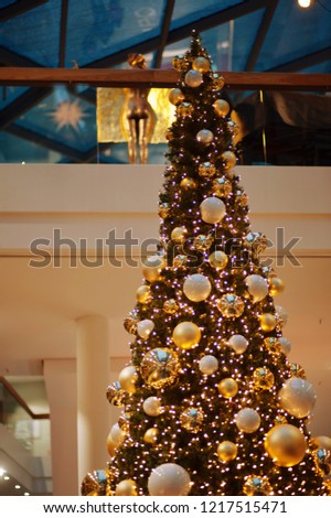 Full Frame Shot Of Pine Tree. A Christmas bauble hangs from a tree. A Christmas bauble hangs from a tree.