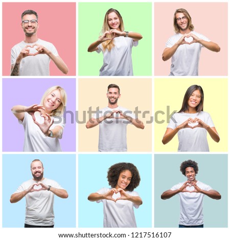 Collage of group people, women and men over colorful isolated background smiling in love showing heart symbol and shape with hands. Romantic concept.