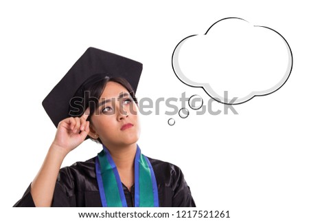 Thinking face of graduating young Asian female student, with a drawing of empty white cloud in cartoon style, to illustrate what inside her brain. Conceptual image, isolated over white background
