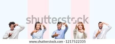 Collage of group of young people over colorful isolated background smiling making frame with hands and fingers with happy face. Creativity and photography concept.
