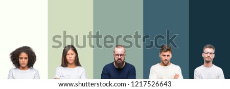 Collage of group of young people over colorful isolated background skeptic and nervous, disapproving expression on face with crossed arms. Negative person. Royalty-Free Stock Photo #1217526643