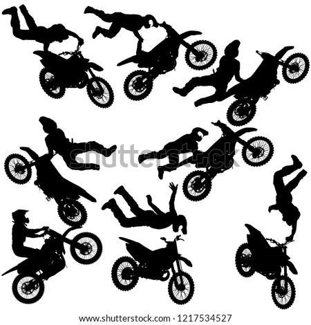 Set silhouette of motorcycle rider performing trick on white background