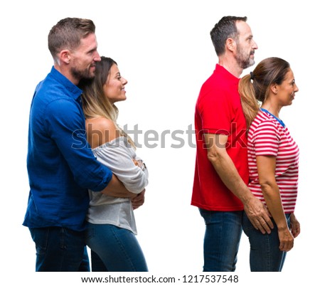Collage of young and mature couple in love over isolated background looking to side, relax profile pose with natural face with confident smile.