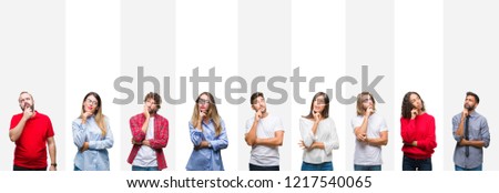 Collage of different ethnics young people over white stripes isolated background with hand on chin thinking about question, pensive expression. Smiling with thoughtful face. Doubt concept.