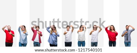 Collage of different ethnics young people over white stripes isolated background smiling making frame with hands and fingers with happy face. Creativity and photography concept.