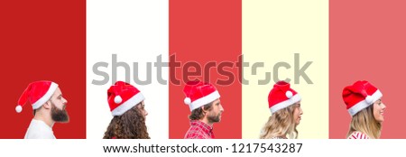 Collage of group of young people wearing chrismast hat over isolated background looking to side, relax profile pose with natural face with confident smile.